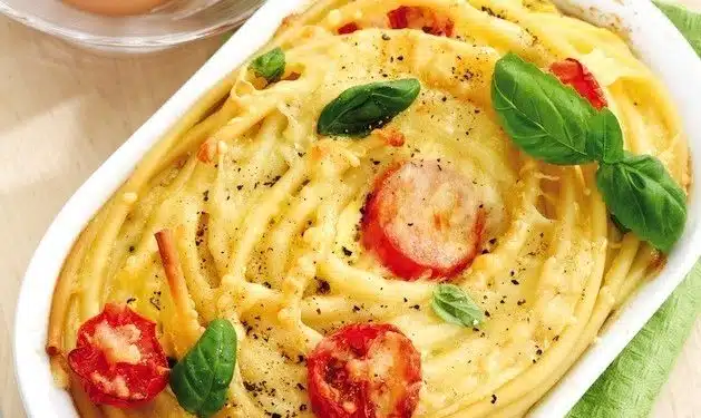 carbonara di bucatini al forno gratinata