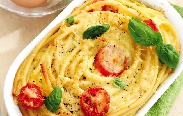 carbonara di bucatini al forno gratinata