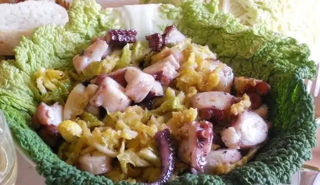verza in padella e polpo in insalata
