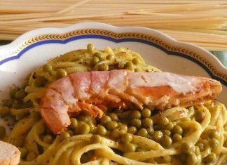 Linguine crema di piselli e gamberoni al forno. Pasta Veloce linguine-con-crema-di-piselli-e-gamberoni-al-forno