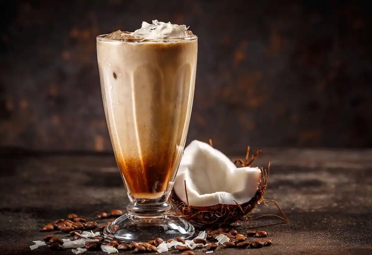 caffè con latte di cocco e panna in bicchiere