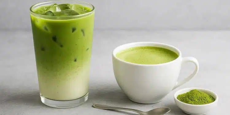 matcha latte caldo in tazza freddo in bicchiere