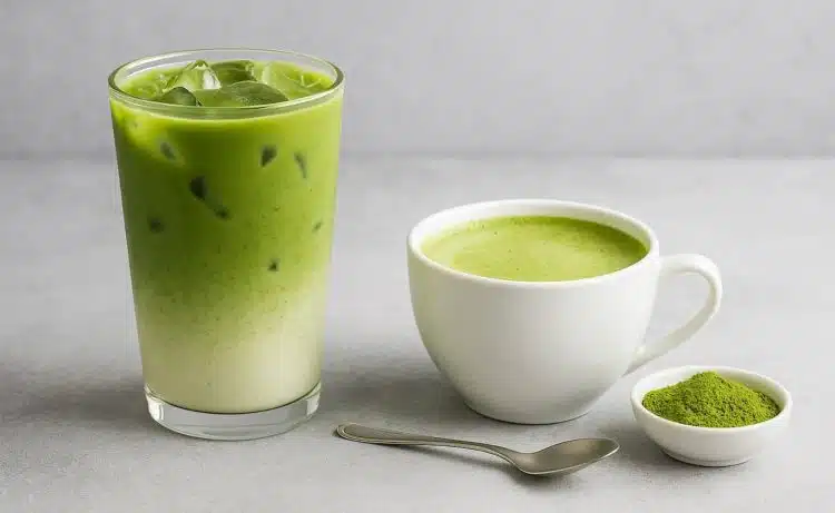 matcha latte caldo in tazza freddo in bicchiere