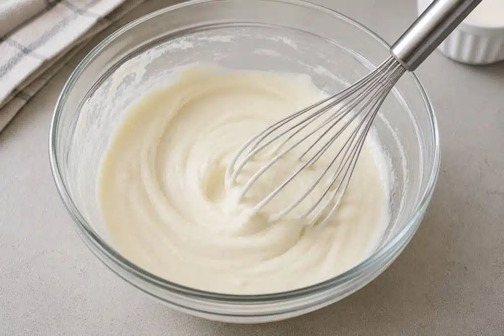 Impasto cremoso per pancake con albumi in una ciotola di vetro