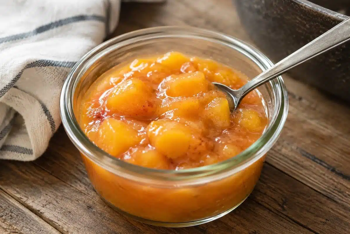 composta di pesche in ciotola di vetro