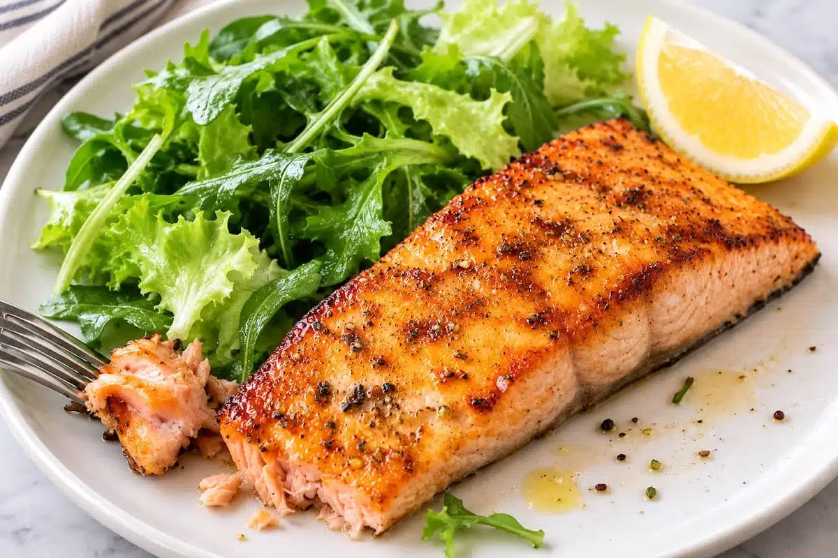 tranci di salmone in friggitrice ad aria serviti con insalata